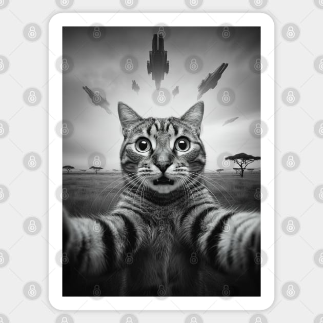 Selfie of Funny Cat And Aliens UFOs in African Savanna #3 Sticker by Megadorim